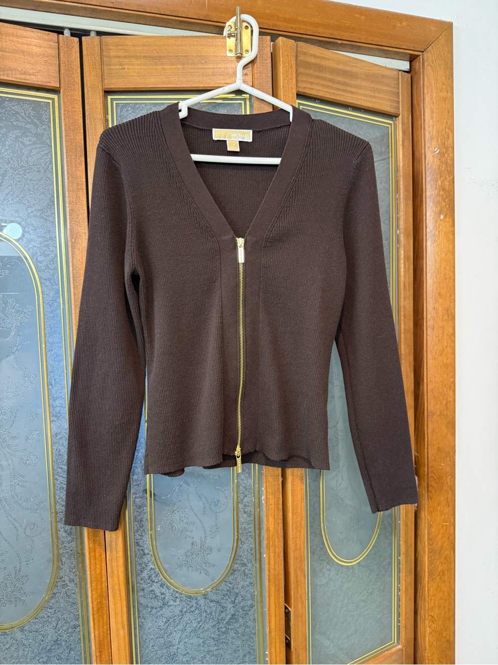 MICHAEL KORS LADIES  Brown Zip-Front V-Neck Knit Sweater, EUC